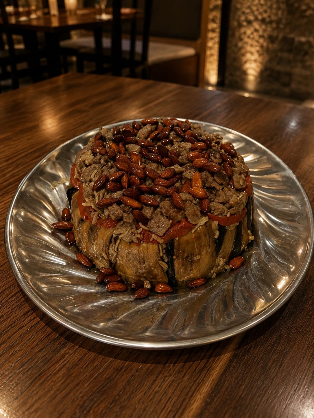 Lamb maqluba with almonds
